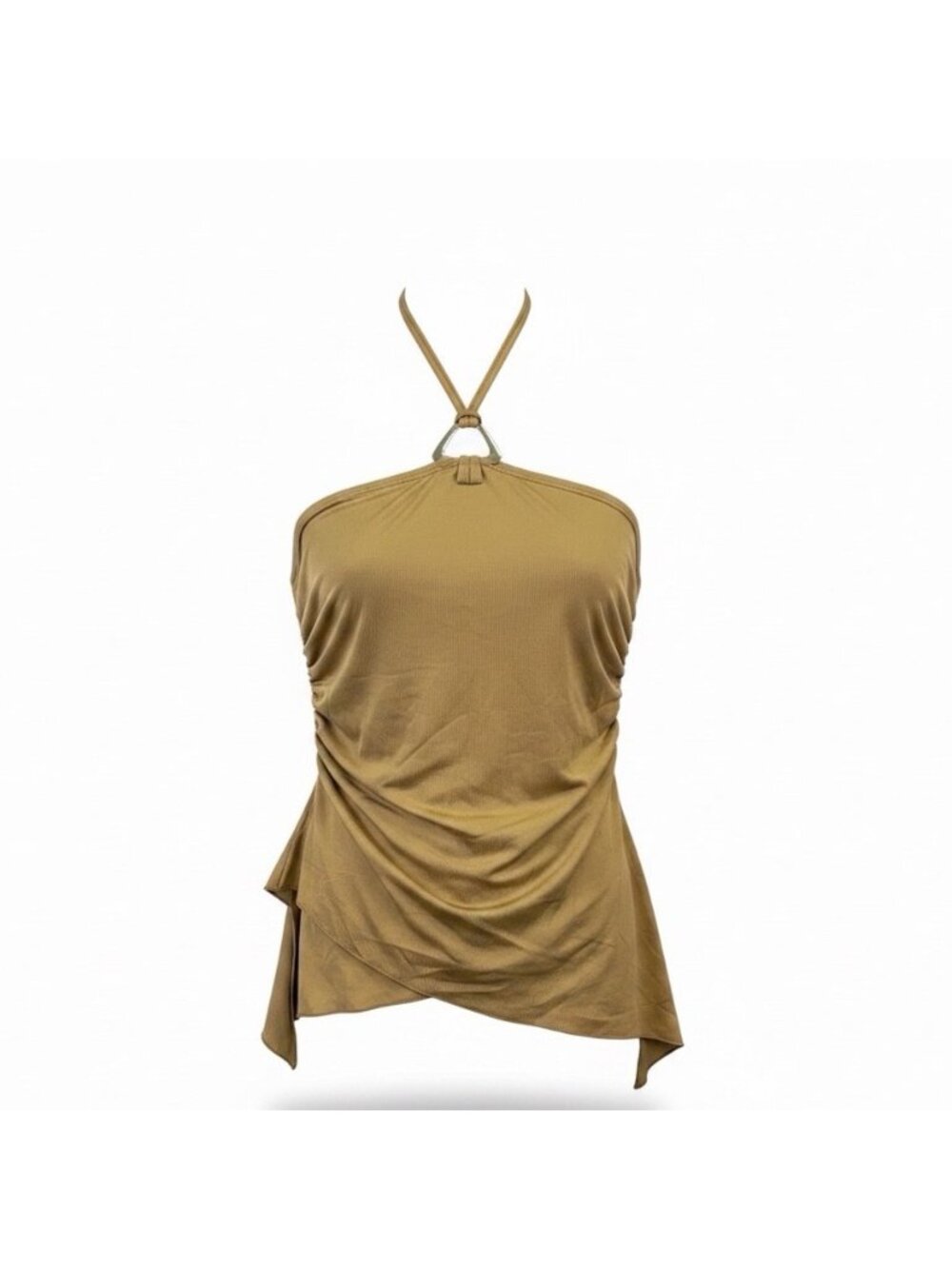 Edikted Womens Tan Polyester & Spandex Halter Top Ruched Asymmetrical Hem Size S